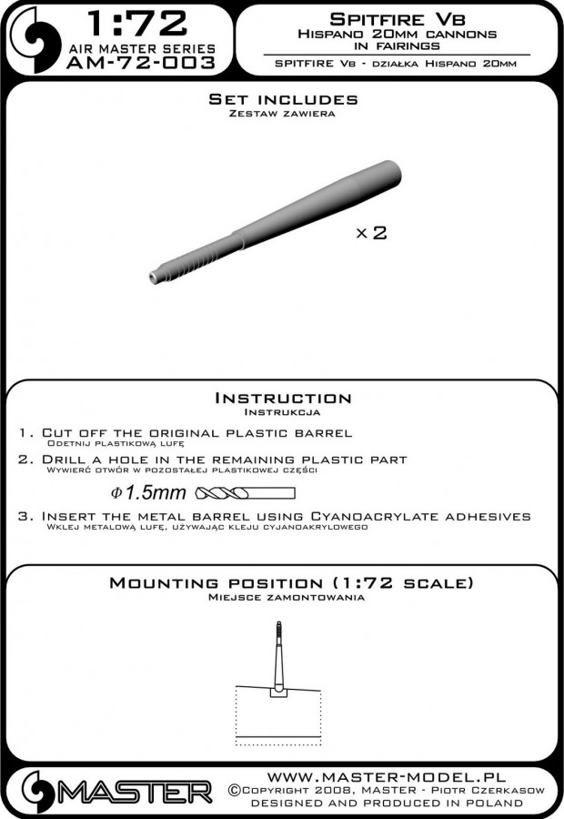 AM-72-003 Hispano авиационная пушка 20мм с пламегасителем для Spitfire Vb