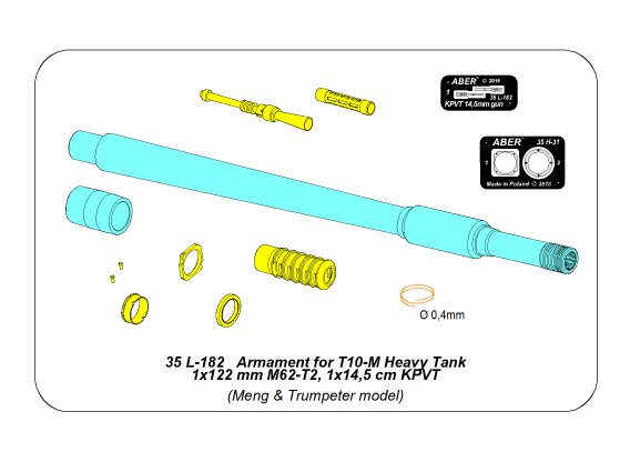 ABR-35-L-182  Дополнения для  Armament for T10-M Heavy Tank 1x122 mm M62-T2, 1x14,5 cm KPVT для Meng & Trumpeter 1/35