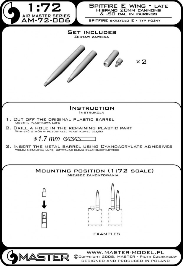 AM-72-006 Набор вооружения для поздних Spitfire крыло тип Е, пушки Hispano 20мм и Browning 12,7мм два варианта
